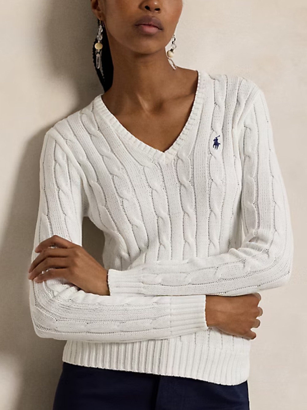 Ralph Lauren Sport White Cable Knit V Neck 100% Cotton Sweater with Pink Pony